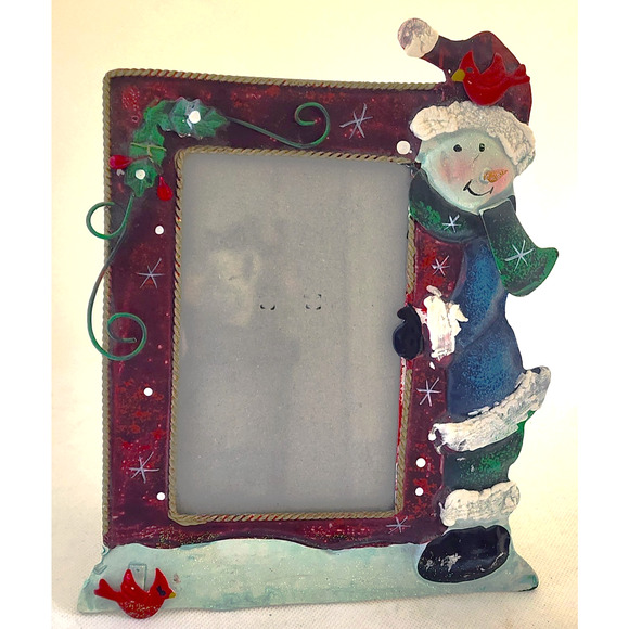 PICTURE FRAME-CHRISTMAS THEME-Snowman-Metal-6"x3.5" Picture Size-8"x7" Frame - Picture 1 of 10